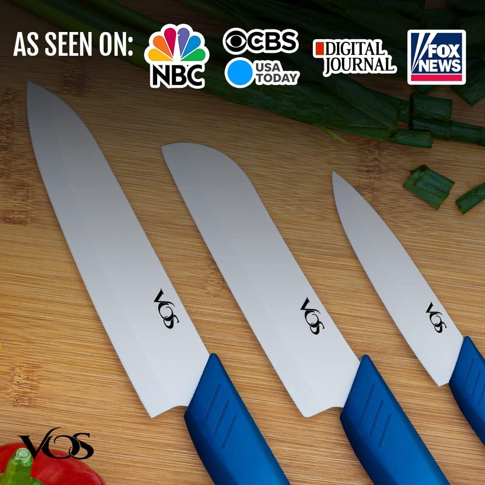 Vos Ceramic Knife Set in Elegant Gift Box, Ceramic Knives Set For Kitchen, Ultra Sharp Kitchen Knife Set with Covers, 4" 5" 6" Paring, Santoku & Chef Knife, Lightweight, Dishwasher safe (Blue Handle)