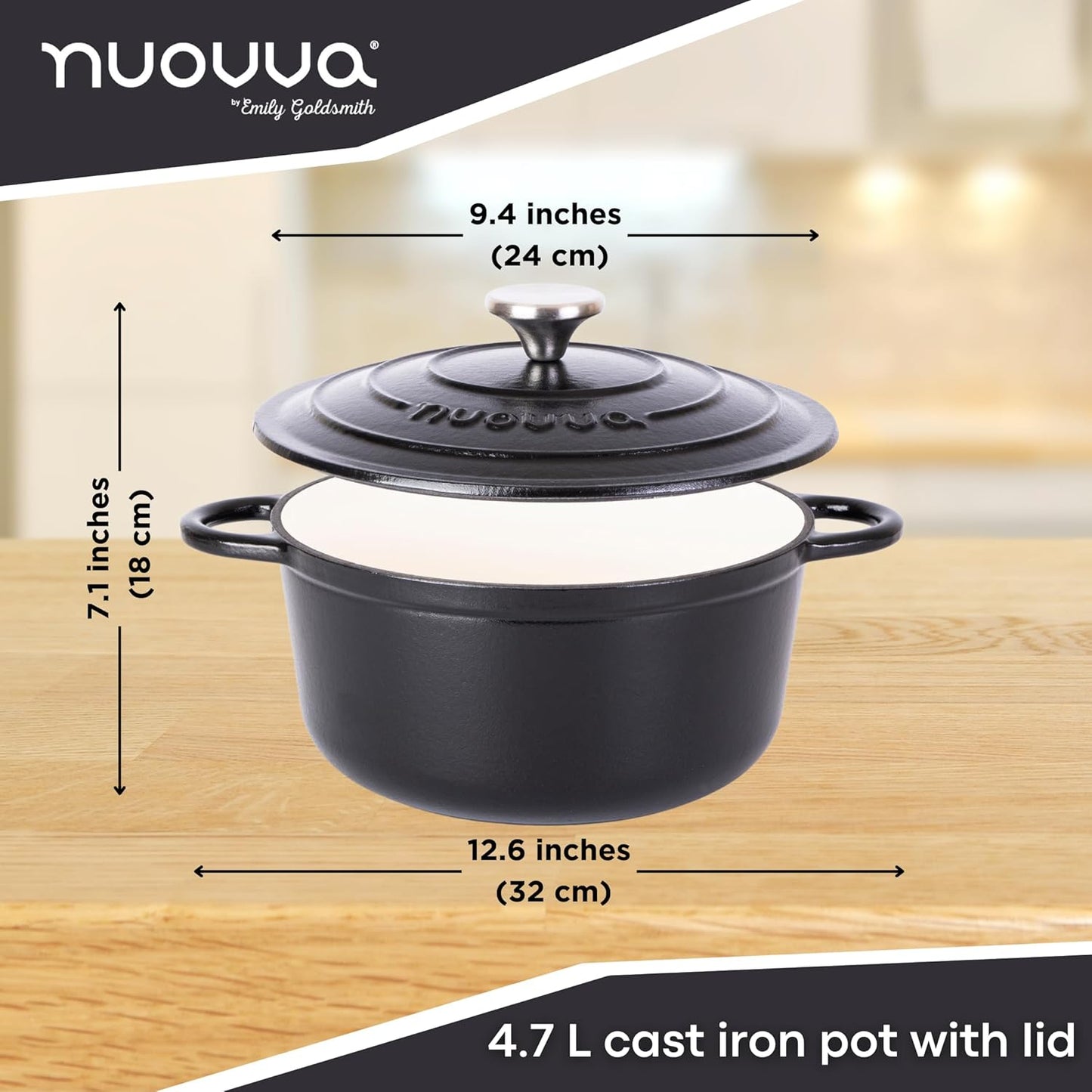Cast Iron Pot with Lid – Non-Stick Ovenproof Enamelled Casserole Pot, Oven Safe up to 500° F – Sturdy Dutch Oven Cookware – Black, 5-Quart, 24cm – by Nuovva