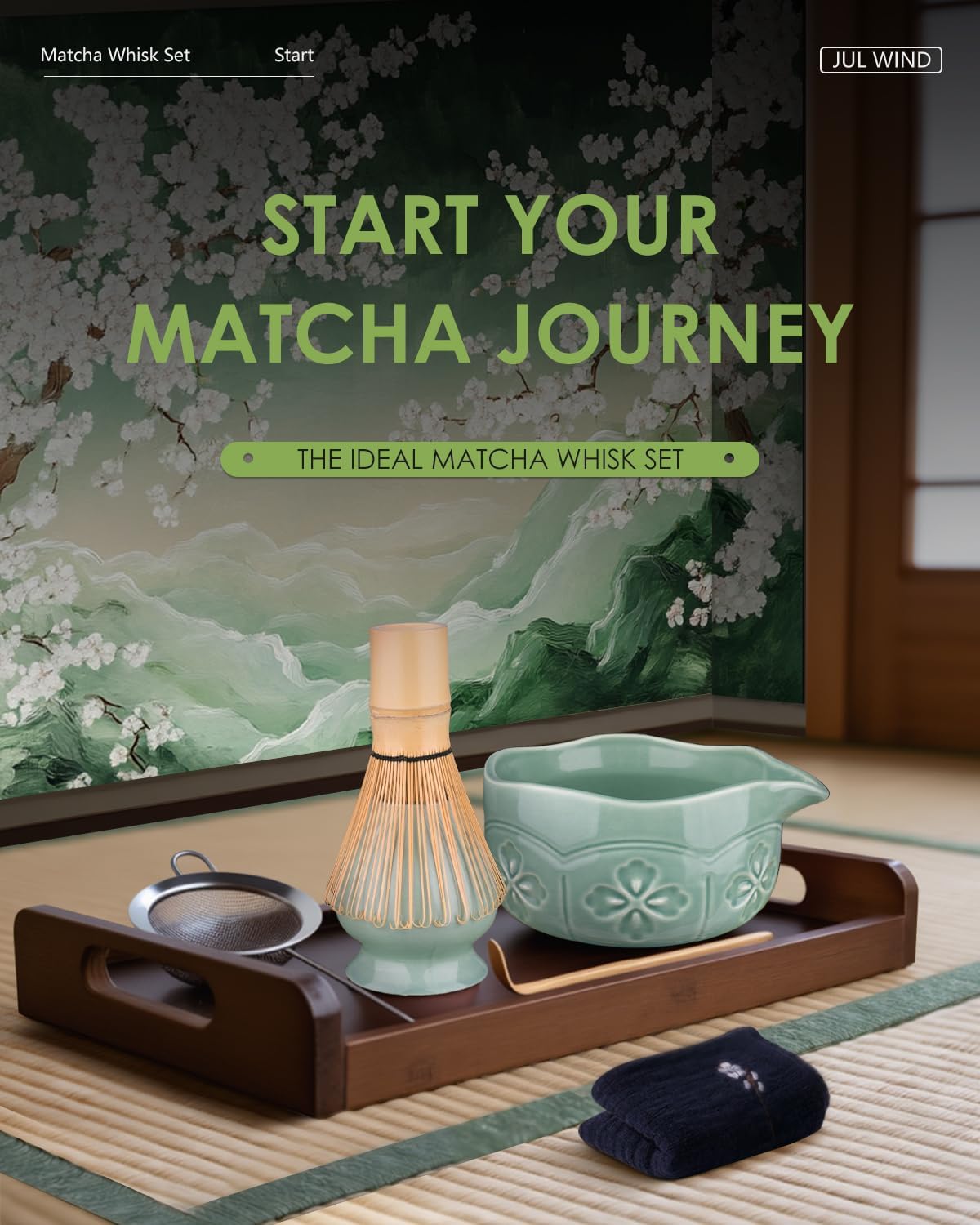 Matcha Whisk Set, Ceramic Matcha Set Includes Matcha Bowl with Spout, Matcha Whisk and Holder, Bamboo Scoop, Sifter and Tea Towel - 6 Pcs Matcha Kit Gift for Matcha Lovers Beginners (Green)