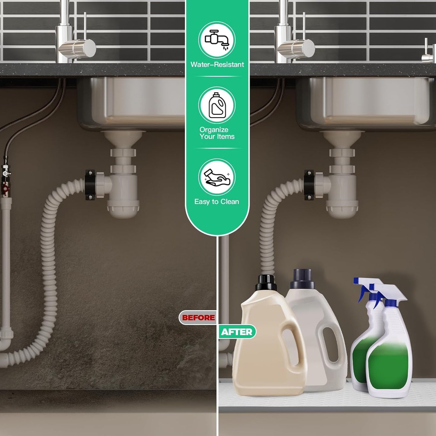 TRZZ Silicone Waterproof Under Sink Mat 34" x 22", Drip Tray and Cabinet Liner for Kitchen and Bathroom, Prevents Water Damage and Organizes Cabinets (Mint Green)