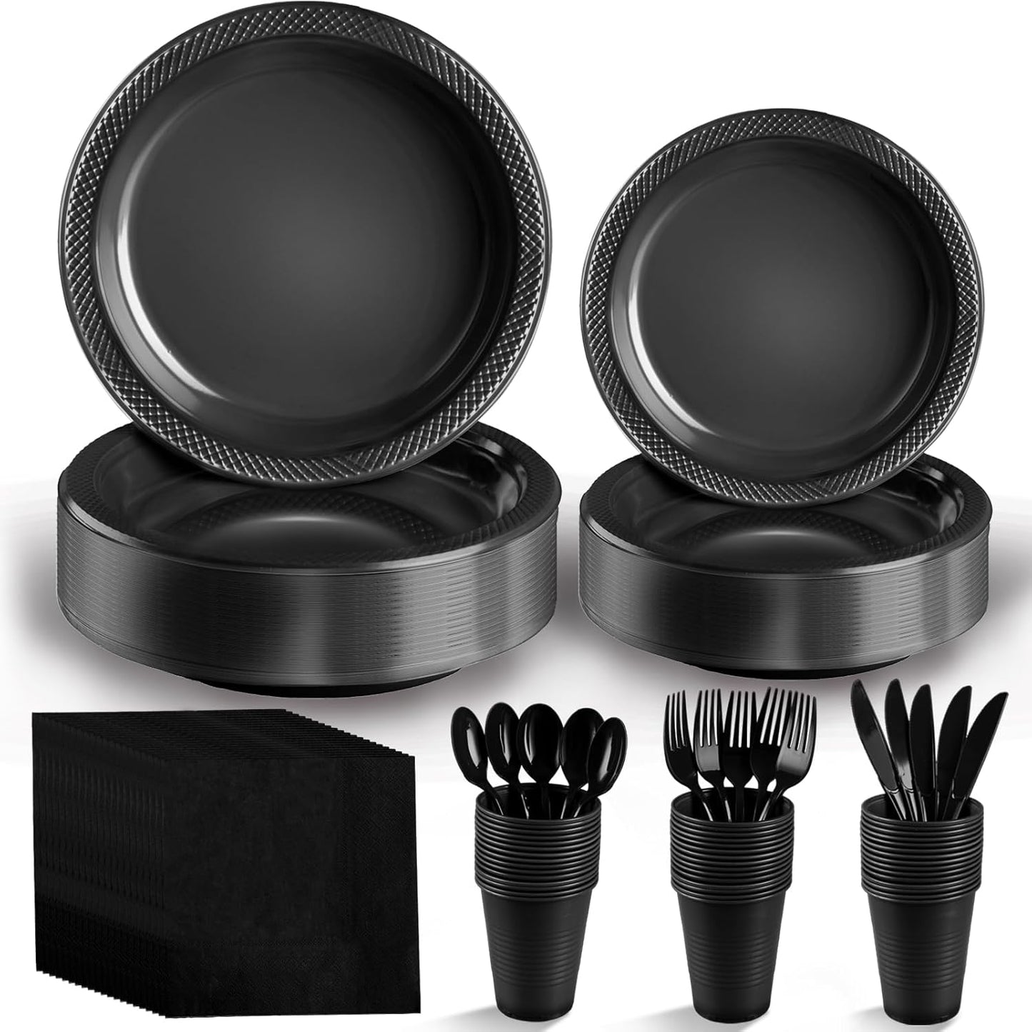 Black Plastic Plates, 25 Guest Disposable Dinnerware Set for Halloween Party, Black Party Supplies, Includes 25 Dinner Plates, 25 Dessert plates, 25 plastic Cutlery, 25 Napkins and 25 12 oz Cups