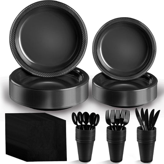 Black Plastic Plates, 25 Guest Disposable Dinnerware Set for Halloween Party, Black Party Supplies, Includes 25 Dinner Plates, 25 Dessert plates, 25 plastic Cutlery, 25 Napkins and 25 12 oz Cups