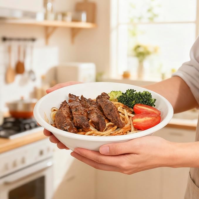 Aricsen Compostable 23 Ounce 100 Pack Disposable Round Paper Bowls, PFAS-Free, Eco-Friendly, Biodegradable Bagasse For Hot Soup Food Salad Dinner Party (100, 23 OZ)