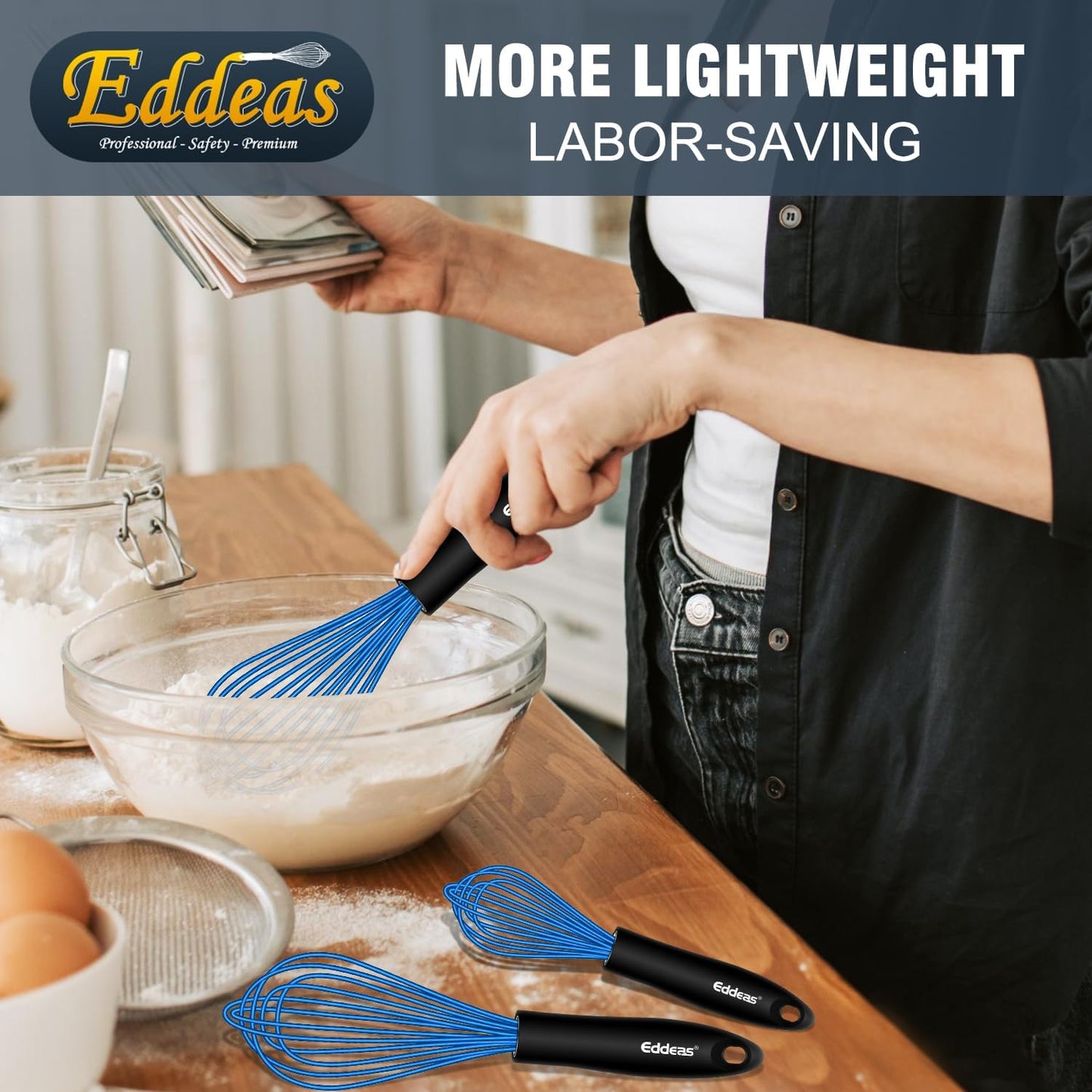 Silicone Whisk, Non Scratch Whisk for Cooking, 5+7+9+11in Balloon Whisks, Suitable for Mixing, Blending. 11in Flat Whisks great for Ceramic Coated pans and Wider shallower pots. (Blue)