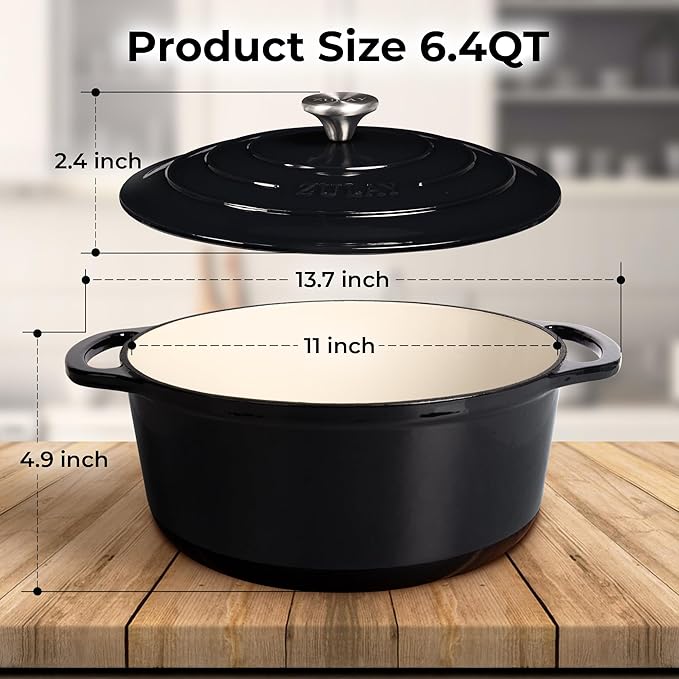 Zulay Kitchen 6 Quart Enameled Cast Iron Dutch Oven Pot with Lid – Premium Durability & Oven Safe up to 500°F – Heavy Duty Cookware Perfect for Bread Baking, Stews, Braising & Roasting – Black