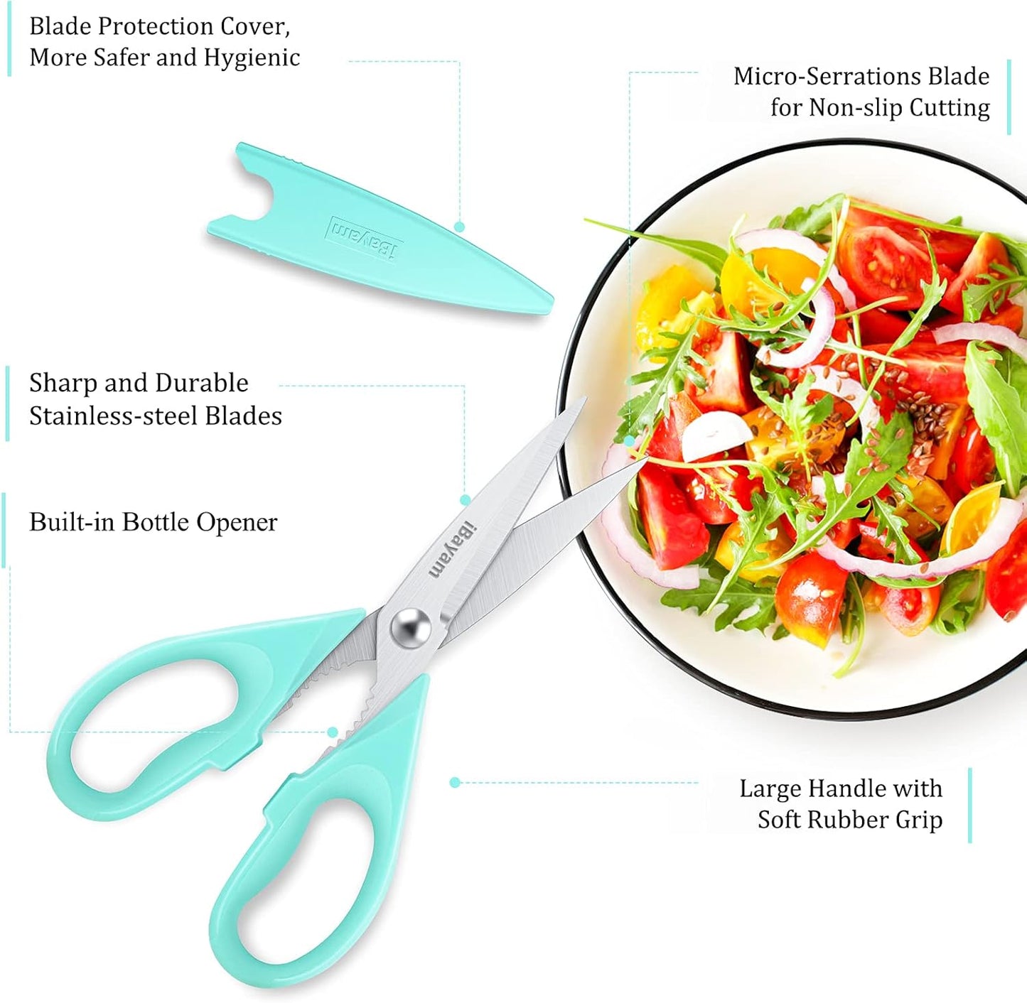 iBayam Kitchen Scissors - All Purpose Heavy Duty Meat Scissors, Poultry Shears, Dishwasher Safe, Stainless Steel, 2-Pack, Pastel Pink, Mint Blue