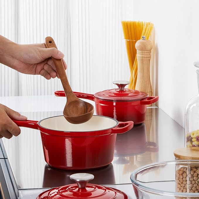 Enameled Cast Iron Sauce Pan, Leonyo 1 Qt & 2 Qt Saucepan Set, Cast Iron Dutch Oven Kitchen Small Pots for All Cooktops Cooking Pasta, Milk, Oatmeal - Up to 500°F & Nonstick, Red