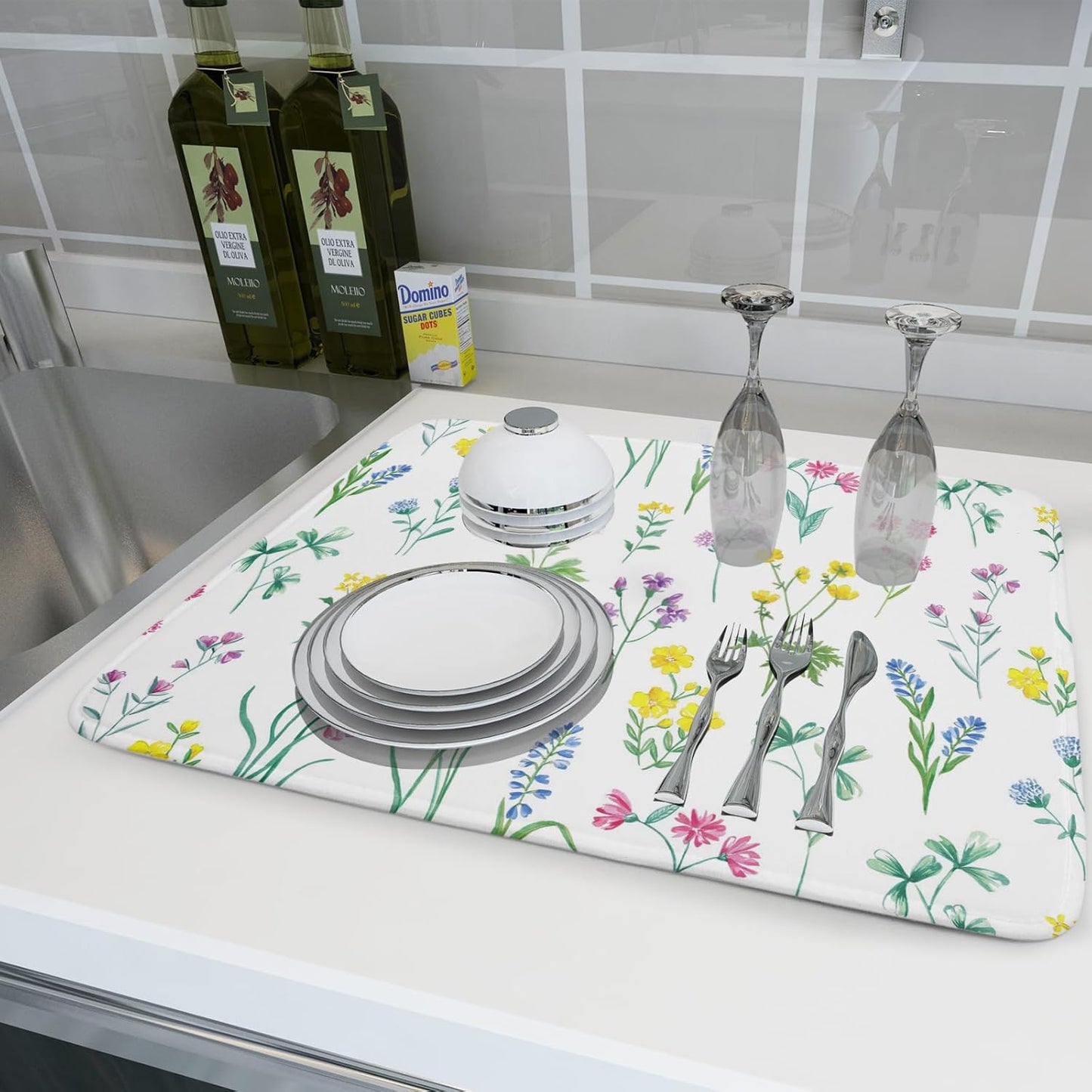 Spring Drying Mats for Kitchen Counter 18×24 Inch Watercolor Flower Large Microfiber Drying Mat Kitchen Accessories Dish Rack Mat Drainer Pad Washable Absorbent