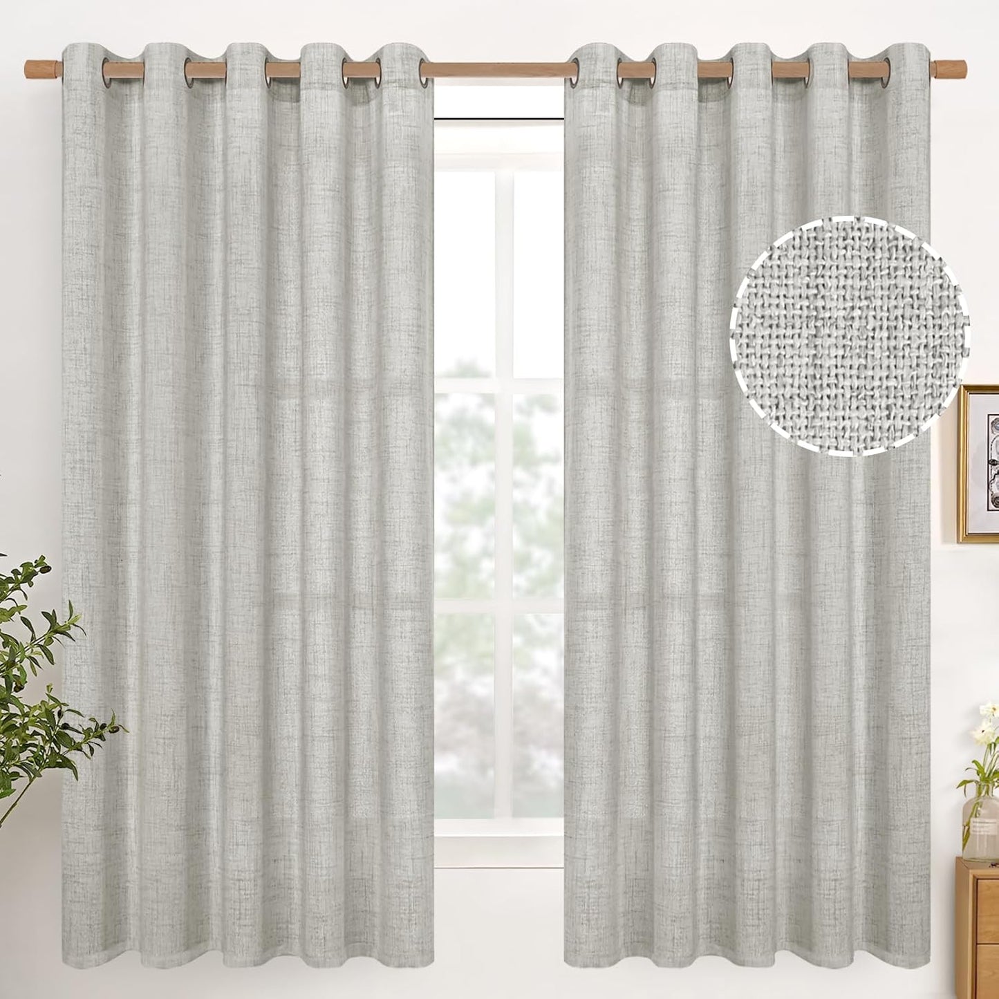 YoungsTex Light Grey Linen Curtains 63 Inches Long Bronze Grommet Light Filtering Window Drapes for Living Room Bedroom Office Lightweight, 60 x 63 Inch, 2 Panels