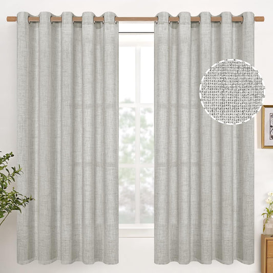 YoungsTex Light Grey Linen Curtains 63 Inches Long Bronze Grommet Light Filtering Window Drapes for Living Room Bedroom Office Lightweight, 60 x 63 Inch, 2 Panels