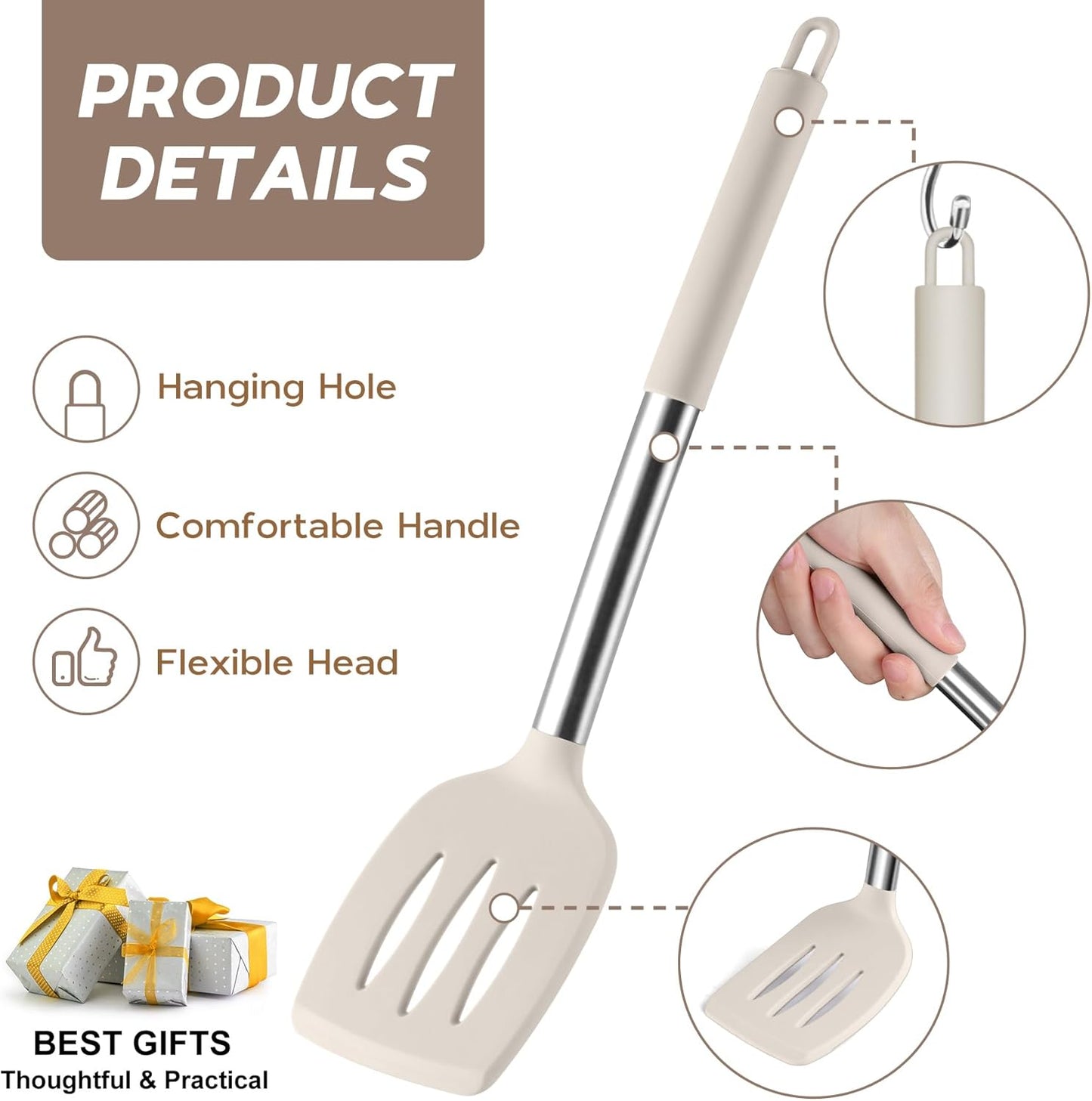 Onader Silicone Cooking Utensils Set of 15, Kitchen Utensils Set with Holder for Nonstick Cookware, 446°F Heat Resistant Stainless Steel Handle - Khaki