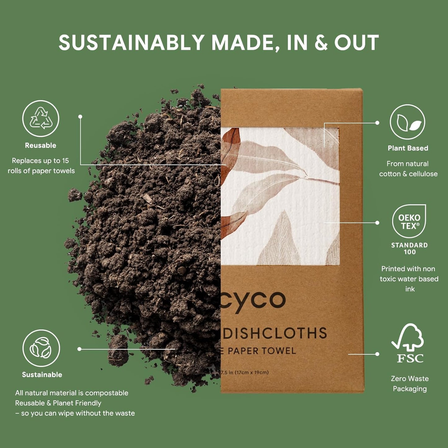 RECYCO Swedish Dishcloths for Kitchen | 6 Pack Watercolor Florals Washable Dish Rags | Cellulose Reusable Cleaning Paper Towels | Absorbent Counter Dish Cloth Sponge Kitchen Wipes, 8" L x 7" W