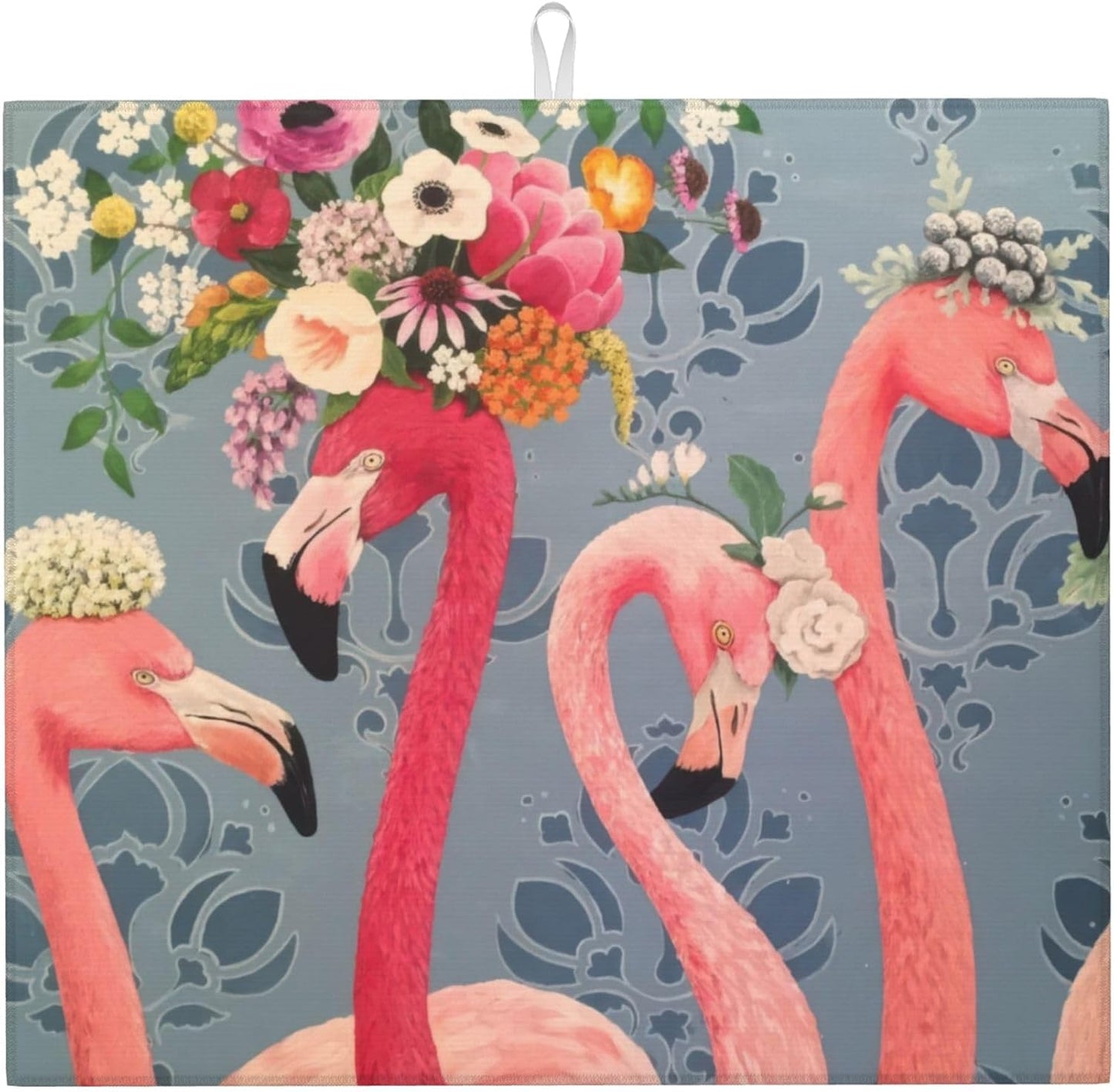 Flamingo Flowers Dish Drying Mat 16x18 Inch, Microfiber Absorbent Fast Dry Mat Large Dish Mat Drying Kitchen Mat, Kitchen Drying Pad for Kitchen Counter Coffee Bar Decor Gifts