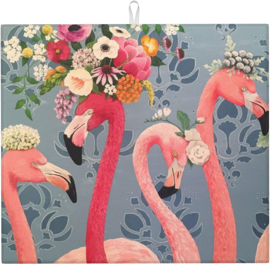 Flamingo Flowers Dish Drying Mat 16x18 Inch, Microfiber Absorbent Fast Dry Mat Large Dish Mat Drying Kitchen Mat, Kitchen Drying Pad for Kitchen Counter Coffee Bar Decor Gifts