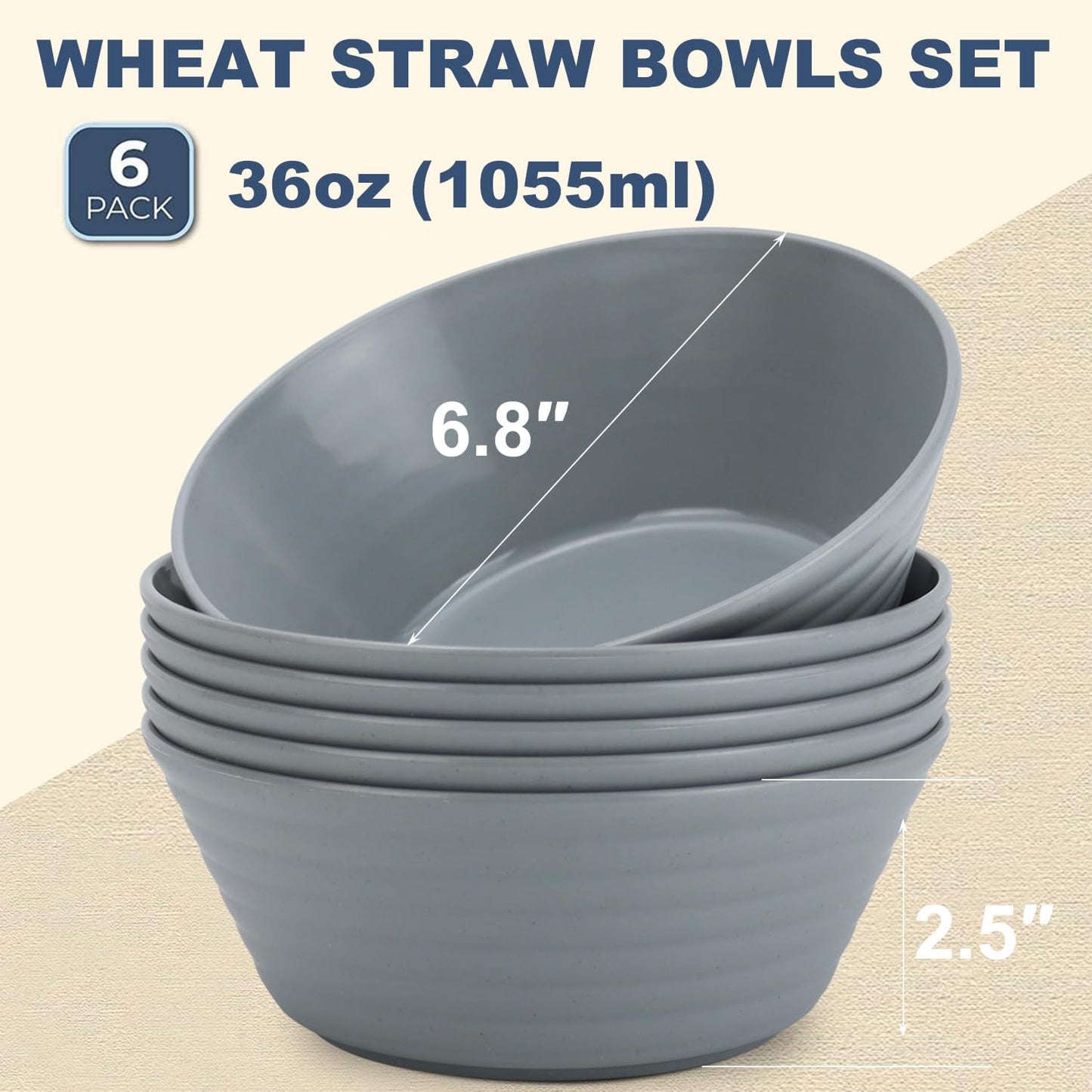 Wrova Wheat Straw Bowl Sets,6 PCS Unbreakable Cereal Bowl 36 OZ,Microwave and Dishwasher Safe Bowls,Dorm Bowl Sets BPA Free for Serving Cereal,Oatmeal and Salad (Grey)