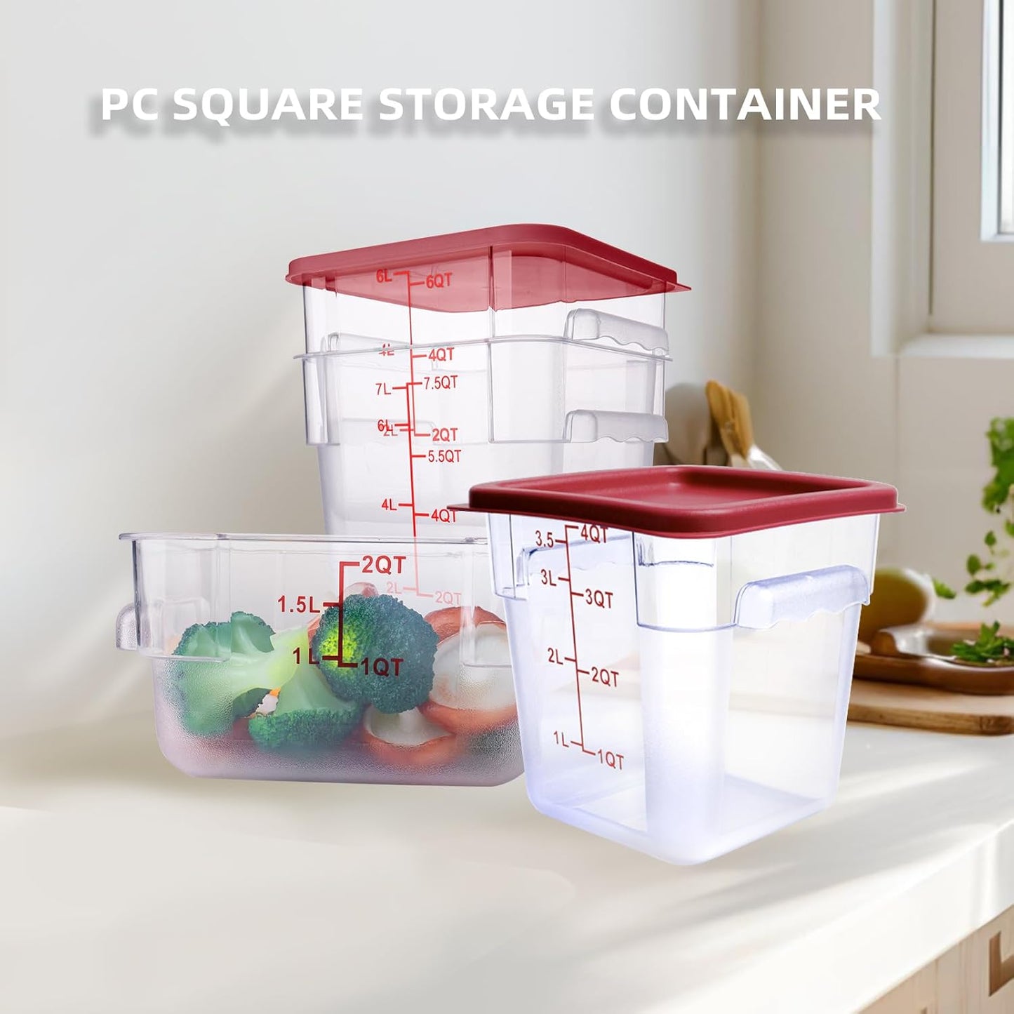 2 Pack RED Square Food Storage Container With Lid,2-12 Quart Commercial Storage Box With Scale & Handle,Cake Making,Dough Marinating Meat,Kitchen Supplies (8 Quart)