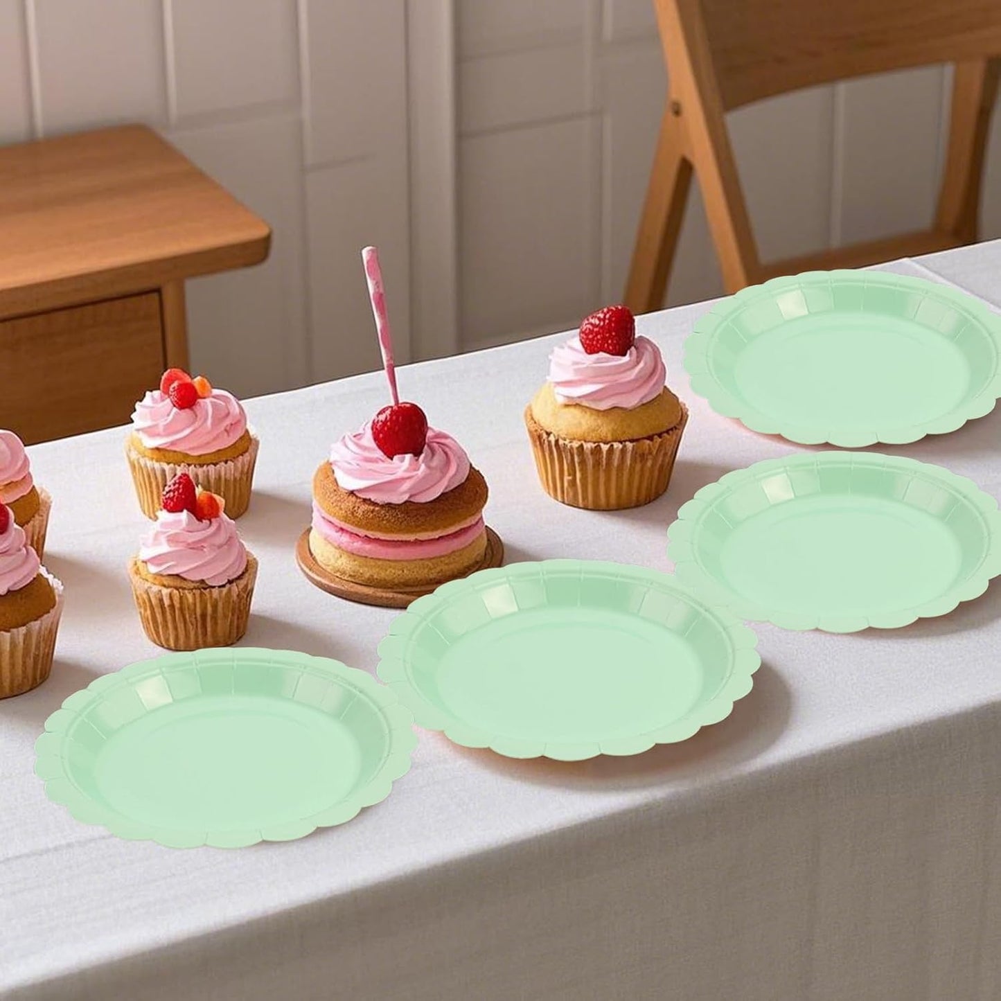50Pcs Mint Green Paper Plates-7 Inch Solid Color Scalloped Disposable Birthday Dinnerware Set Disposable Dinner Party Supplies for Wedding Baby Shower Table Decor Pininc Fall Party Decor