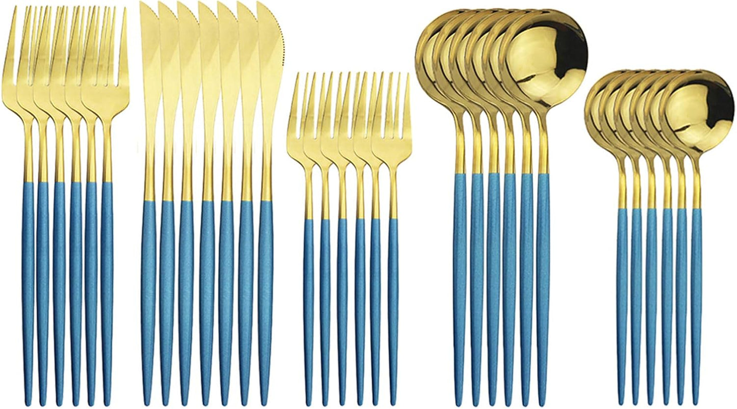 Silverware Set – 30 Piece Family Dinnerware Set – Flatware Set Service For 6 – Blue Gold Tableware Sets – Cutlery Great For Family Gatherings & Daily Use – Spoons, Knives, Forks