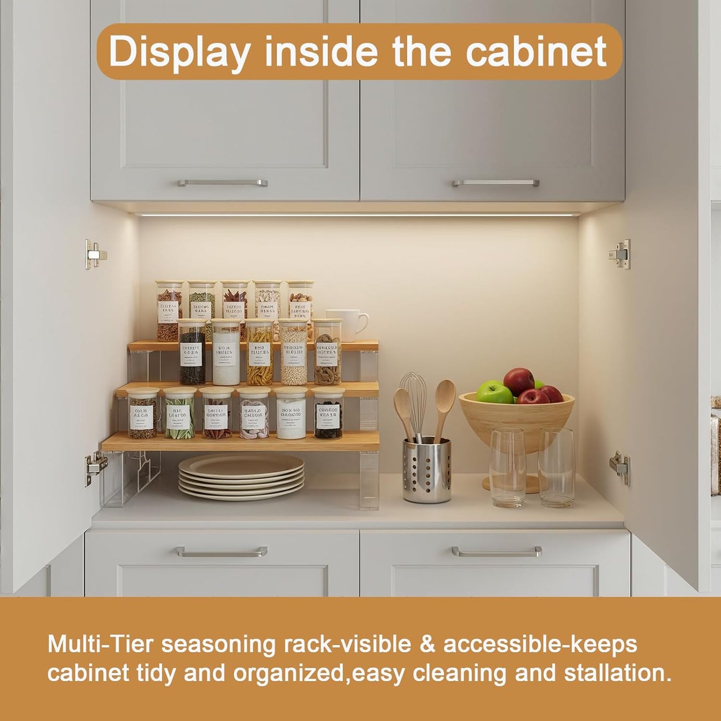 junyuan Spice Rack Organizer for Cabinet,3 Tier Spice Organization for Kitchen,Bathroom Organizers and Storage,Seasoning Countertop Shelf,Bamboo Display Shelves Racks,Clear 11.2"