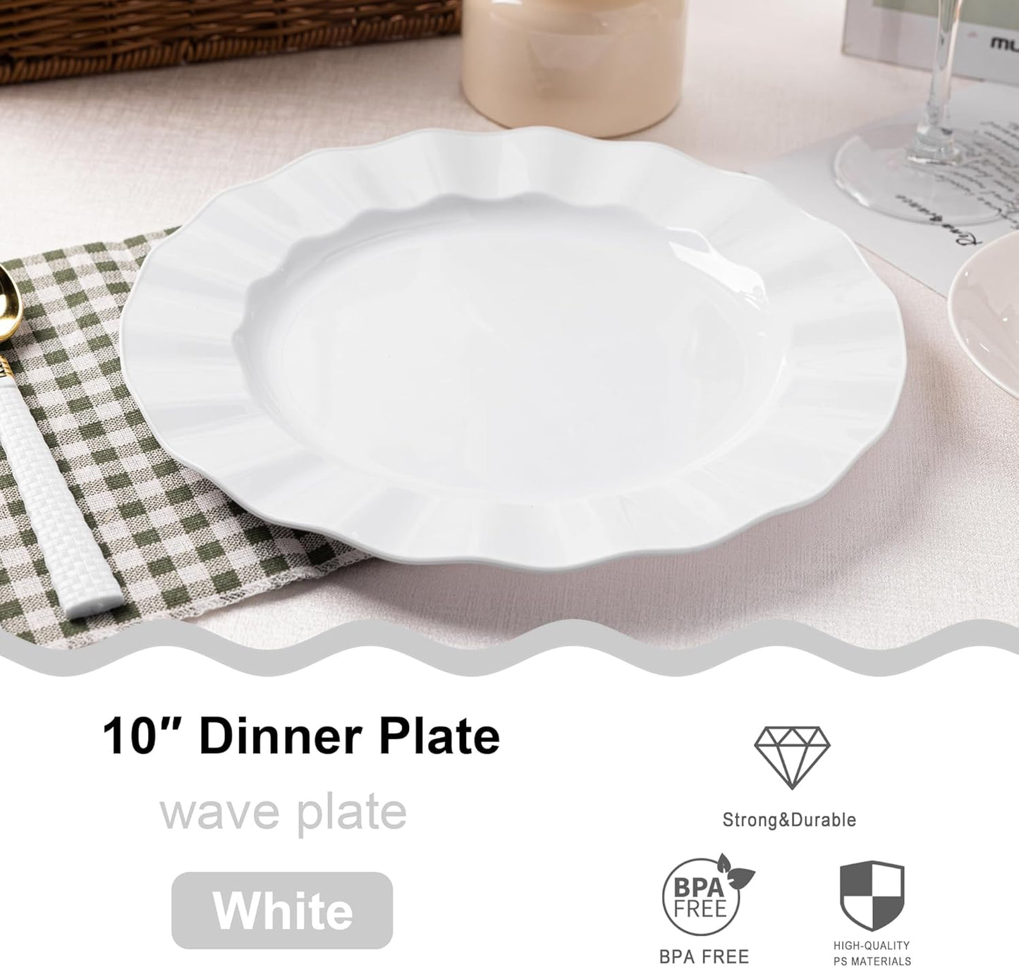72 Pack White Plastic Plates, 10" Disposable Wave Dinner Plates Elegant Heavy Duty Serving Dishes for Party, Wedding, Thanksgiving, Christmas