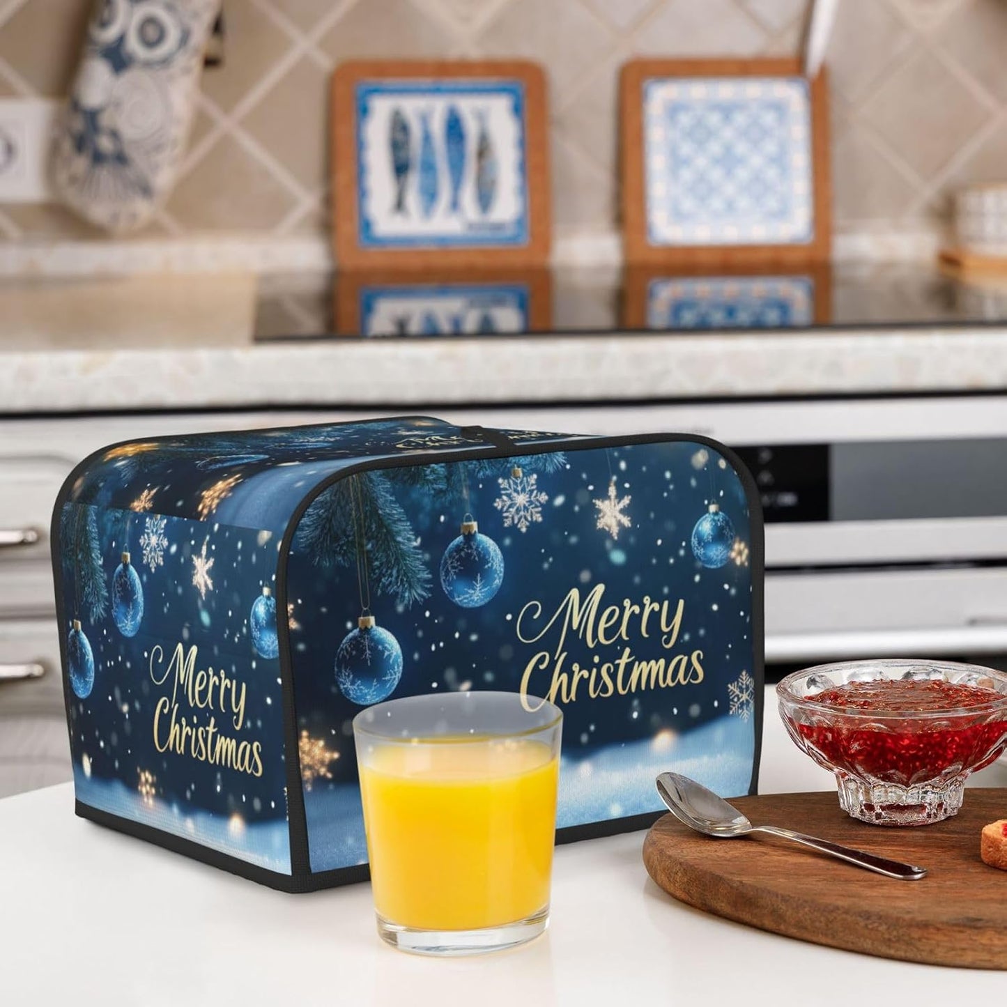 Toaster Cover 4 Slice Winter Snowflake Christmas Blue Ball Kitchen Small Appliance Covers with Pockets Dust and Fingerprint Protection