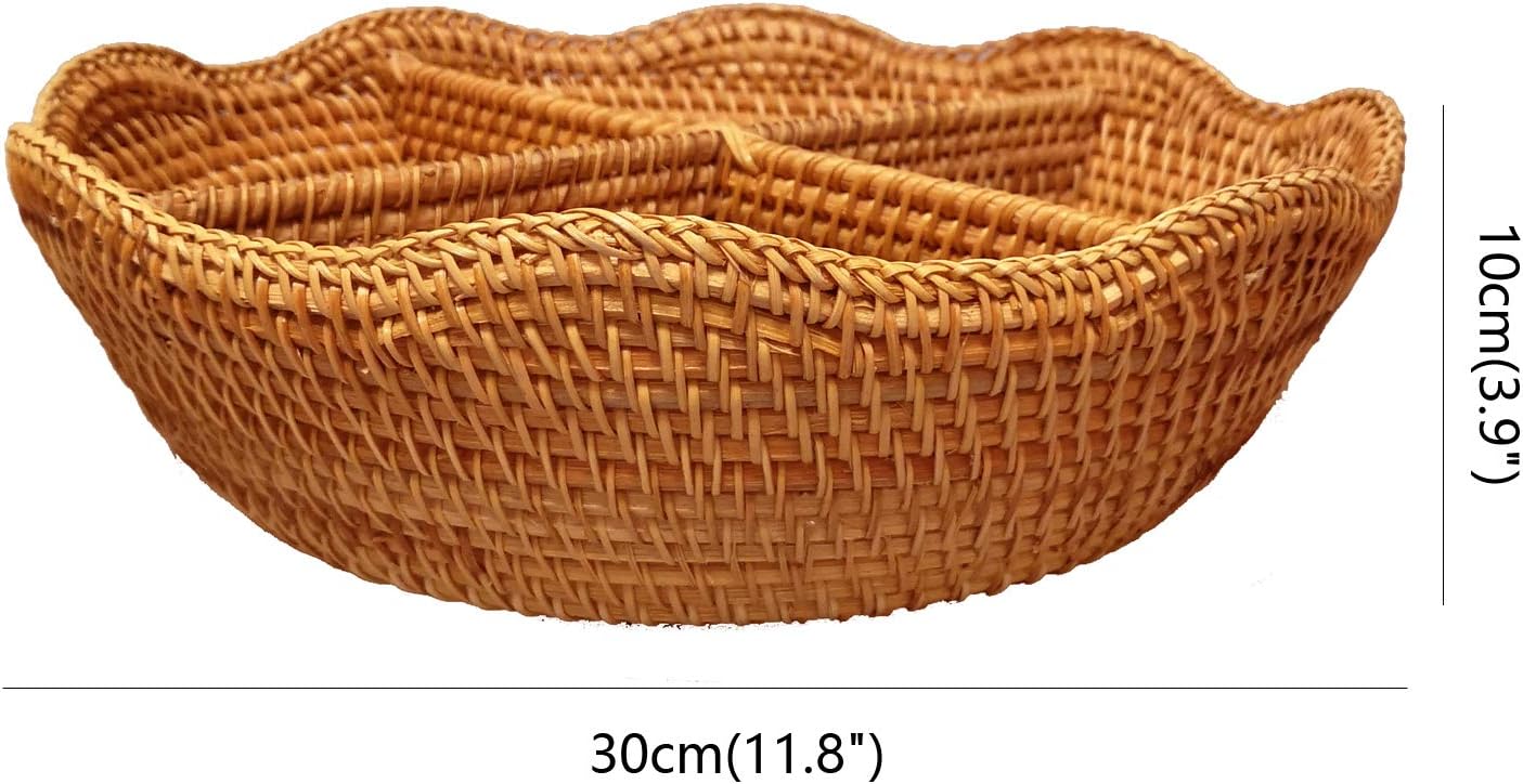 i-lan 4 Sections Round Wicker Snacks Nuts Candy Serving Basket, Handwoven Fruit Basket Tray Food Plate Storage Organizers Valet Tray for Keys, Wallets,Party