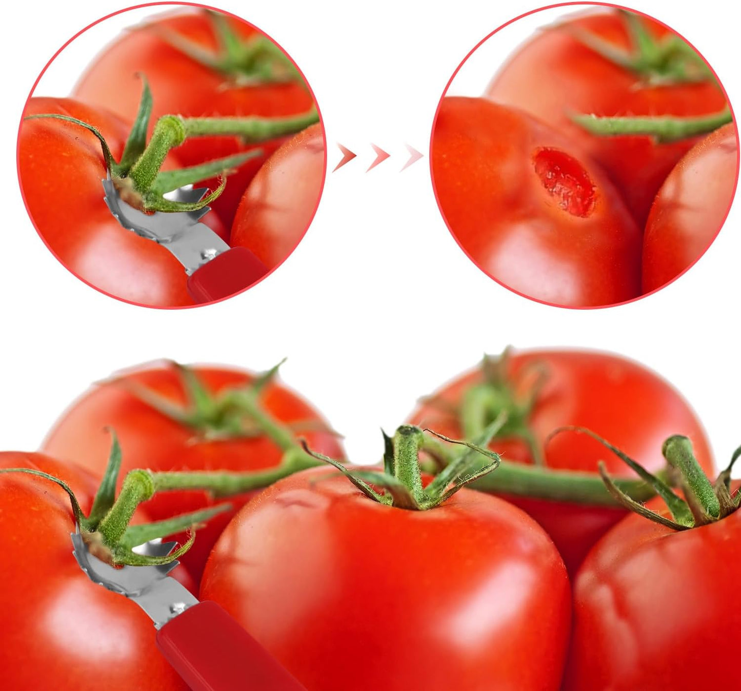 4pcs Stainless Steel Strawberry Hullers, Tomato Corer Tool Fruit & Vegetable Stem Remover with Sharp Teeth Kitchen Tool for Strawberries Tomatoes & Cherries (White, Red)