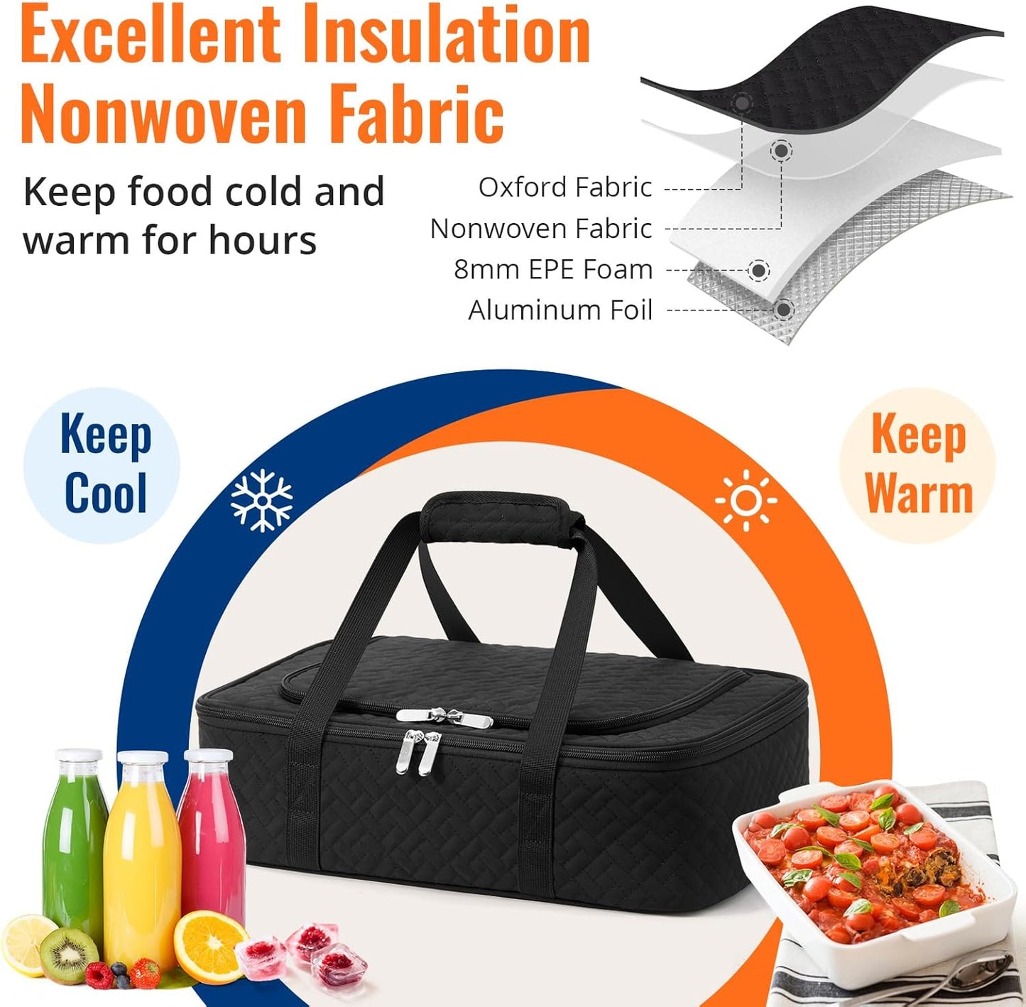 Insulated Casserole Carrier - Portable Casserole Carrier for Hot or Cold Food, Lasagna Holder for Parties,Picnic,Cookouts,Traveling - Fits 9" x 13" Baking Dish (Black)
