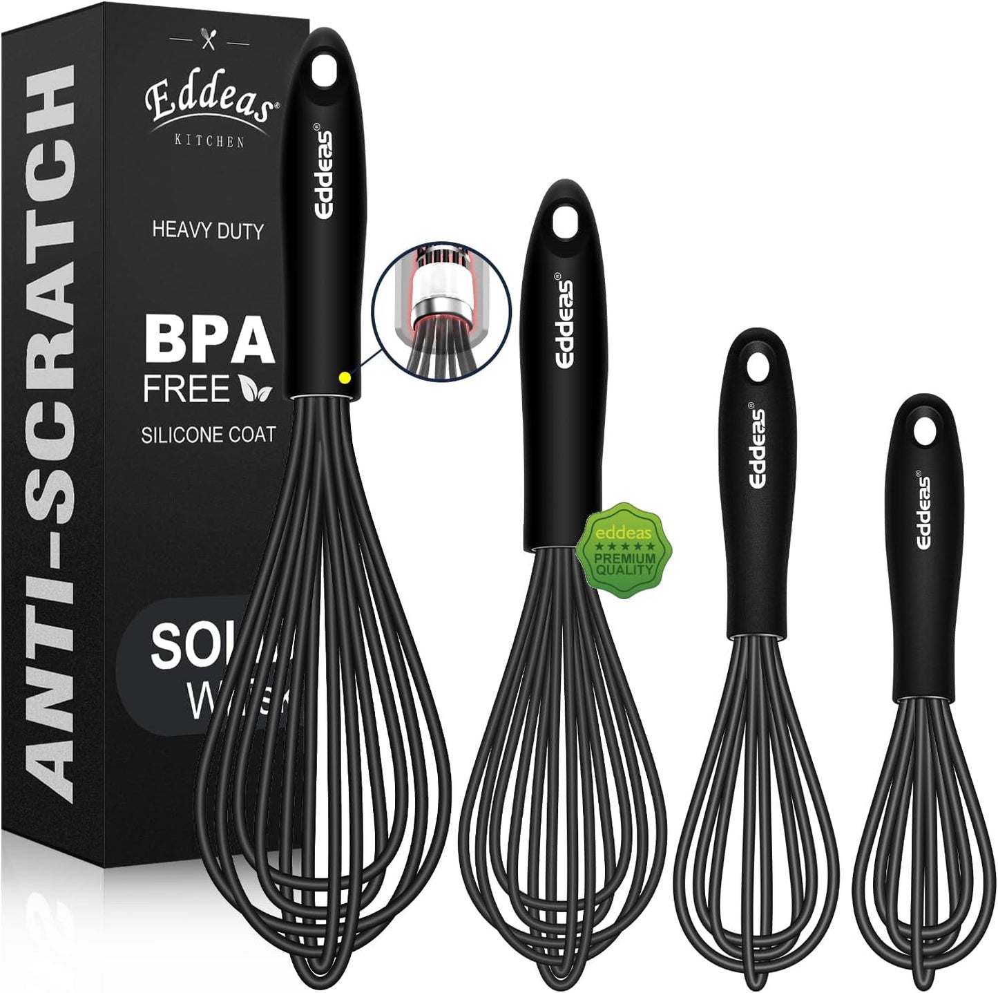 Silicone Whisk - Non Scratch Whisks for Cooking, 500°F Heat Resistant Siliocne Wisk tool, Heavy Duty Kitchen Whisks, for Blending, Beating, set of 4 (5+7+9+11 inch) Black