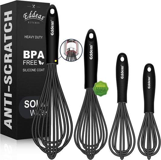 Silicone Whisk - Non Scratch Whisks for Cooking, 500°F Heat Resistant Siliocne Wisk tool, Heavy Duty Kitchen Whisks, for Blending, Beating, set of 4 (5+7+9+11 inch) Black
