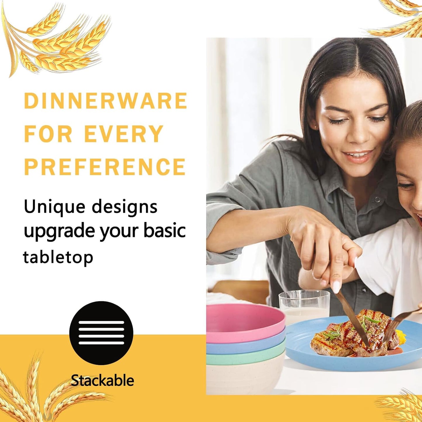 Rubtlamp Wheat Straw Plates and Bowls sets, Reusable Plastic Plate Set for 4, Kitchen Wheat Straw Dinnerware Sets (Spring Four Colors) Include Dinner Platos, Dessert Platos, Cereal Bowls, Cups