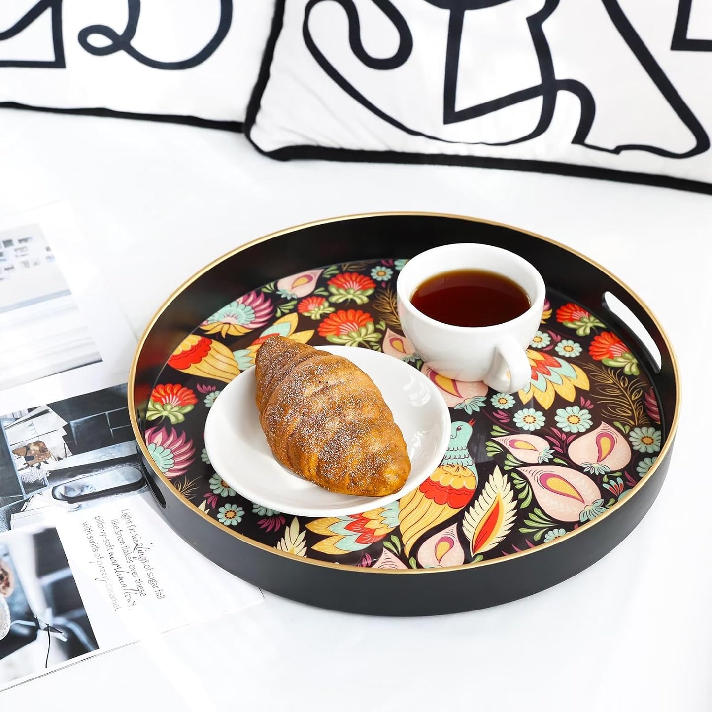 Spsyrine Decorative Serving Tray with Handles, Lacquered Coffee Table Tray for Ottoman, Round Waterproof Platters for Centerpieces, Parties, Living Room, Kitchen Counter Organization Peacock