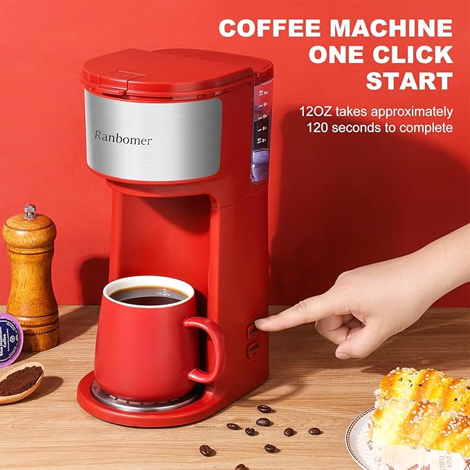 K Cup Coffee Maker, Single Serve coffee machine or Ground Coffee Machine 2 in 1, 6 to 14 Oz Brew Sizes, Mini One Cup Coffee Maker with Self cleaning Function, Fits Travel Mug (Red)