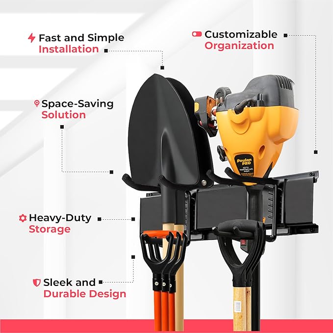 TIDYME Garage Wall Organizer | 96" Heavy-Duty Tool Storage Rack | Adjustable Double-Layer Hooks | 600 lbs Capacity | Carbon Steel Wall Mount Holder for Shovels, Rakes, Ladders & Power Tools