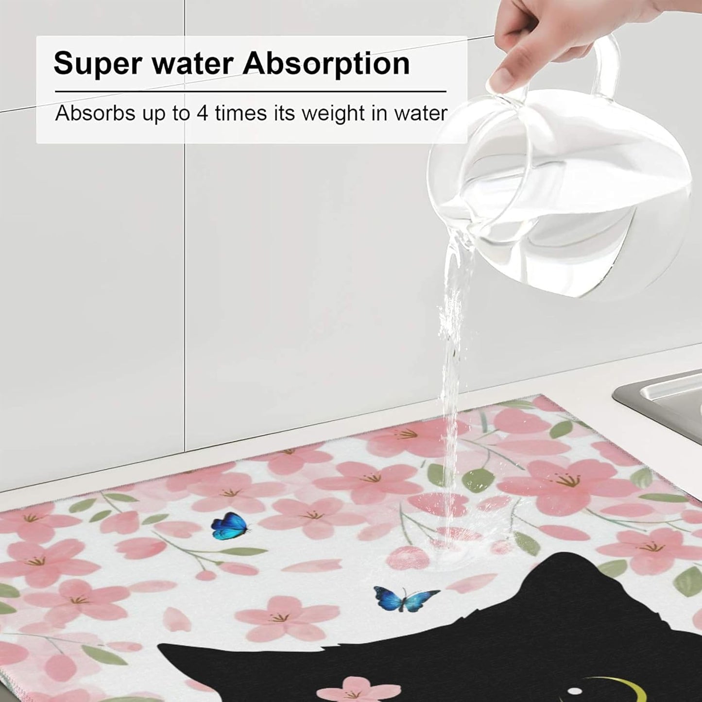 Flowers Black Cat Butterfly Dish Drying Mat for Kitchen Counter, 16"x18" Microfiber Absorbent Fast Dry Mat, 2Pcs Dish Mat Faucet Mats Sets, Large Drying Kitchen Mat Kitchen Drying Pad Coffee Bar Decor