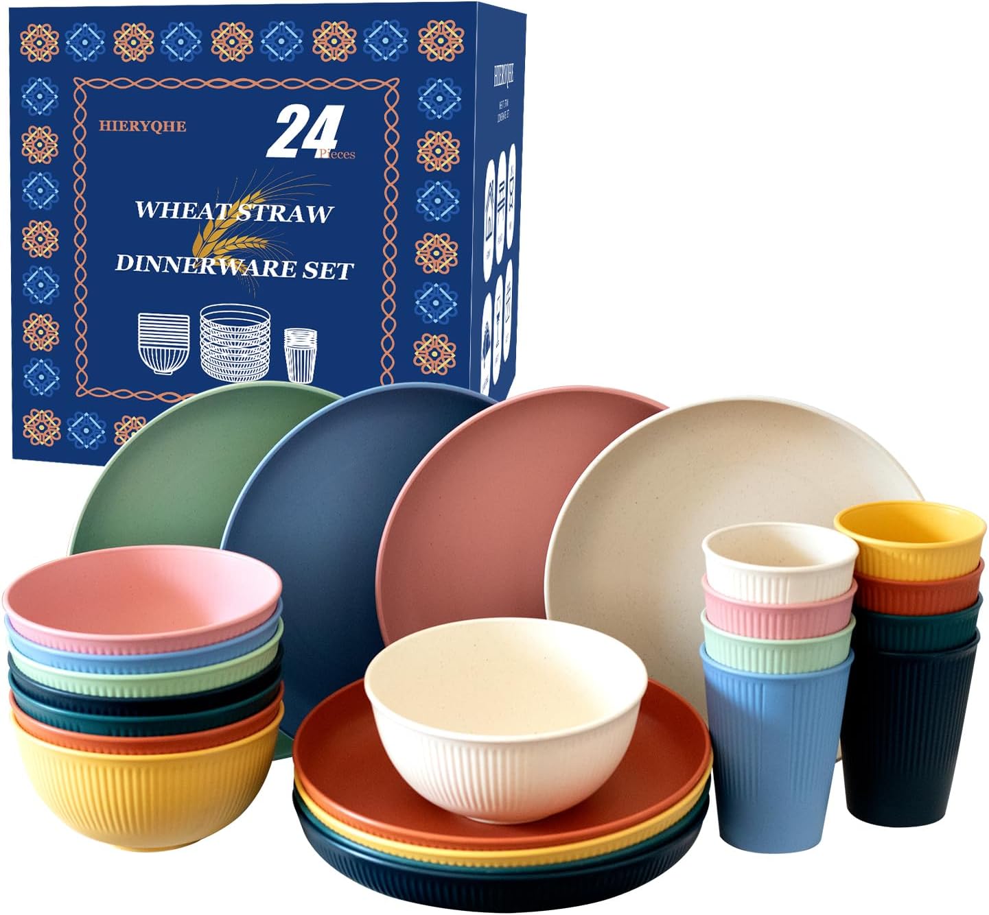 24pcs Wheat Straw Dinnerware Sets For 8, Unbreakable Plates and Bowls Wheat Straw Dinnerware Microwavable Cups Plates and Bowls Sets Shatterproof For Outdoor Kitchen Camping