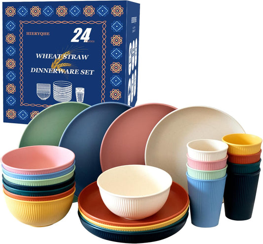 24pcs Wheat Straw Dinnerware Sets For 8, Unbreakable Plates and Bowls Wheat Straw Dinnerware Microwavable Cups Plates and Bowls Sets Shatterproof For Outdoor Kitchen Camping