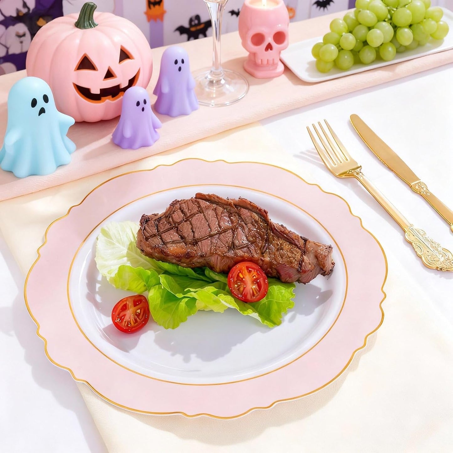 WDF 60pcs Pink Plastic Plates - 10.25inch Baroque Pink And Gold Disposable Dinner Plates for Upscale Parties -Special for Wedding, Party,Birthdays, Baby Shower,Halloween