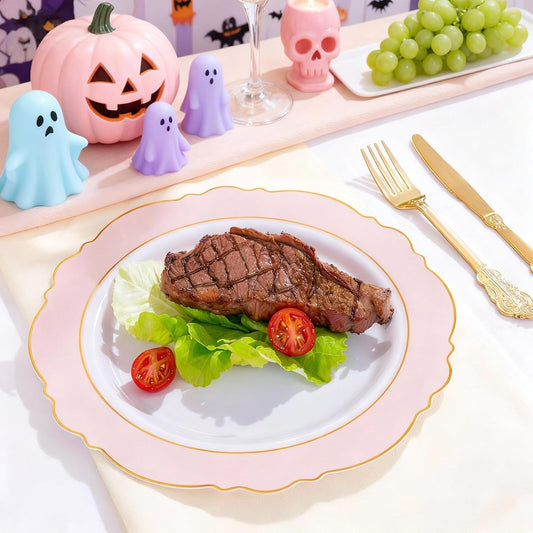 WDF 60pcs Pink Plastic Plates - 10.25inch Baroque Pink And Gold Disposable Dinner Plates for Upscale Parties -Special for Wedding, Party,Birthdays, Baby Shower,Halloween