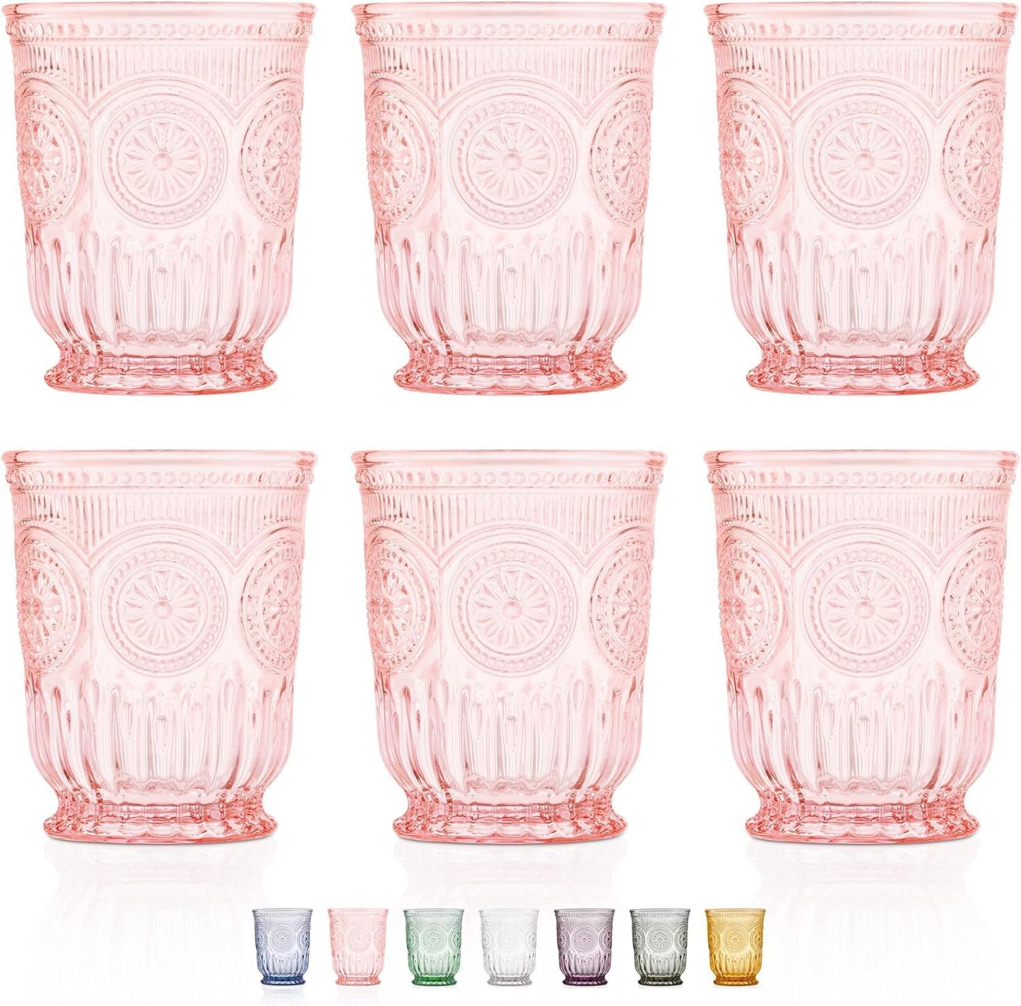 Yungala Pink Glass Cups, set of 6 pink drinking glasses for lovers of vintage pink glassware. Perfect as juice glasses or water glasses for the dining table.