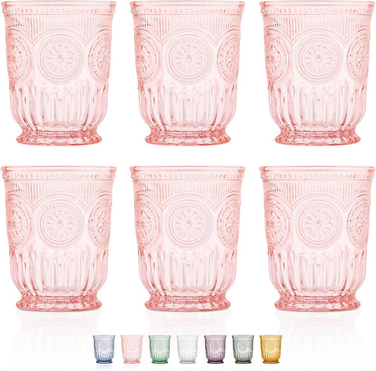 Yungala Pink Glass Cups, set of 6 pink drinking glasses for lovers of vintage pink glassware. Perfect as juice glasses or water glasses for the dining table.