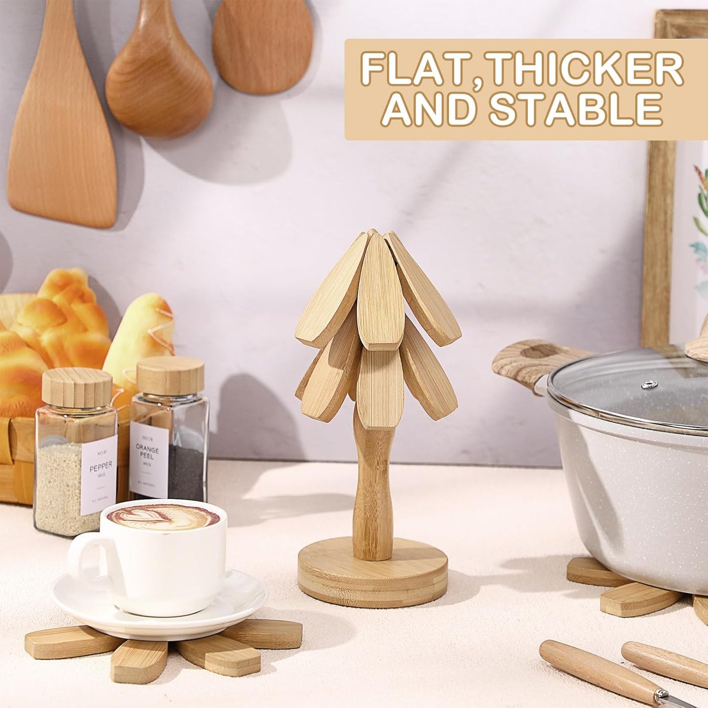 Wooden Tree Coaster Trivets Wood Trivets Set for Hot Dishes Set of 4 Christmas Tree Shape Foldable Wooden Coaster and 1 Stand Natural Trivet for Cups Plates Bowls Pots(Burly Wood Color)