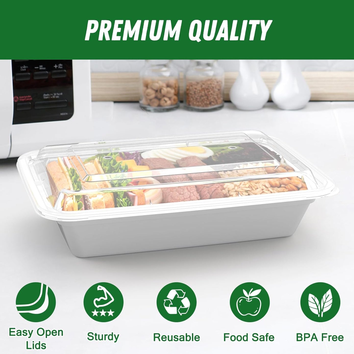 50 Pack (100-Piece) 32 oz Meal Prep Containers Reusable with Easy Open Lids, Sturdy Leakproof Food Safe, Microwave Freezer Dishwasher Safe, To Go Take Out Plastic Food Storage Pans with Lids, Silver