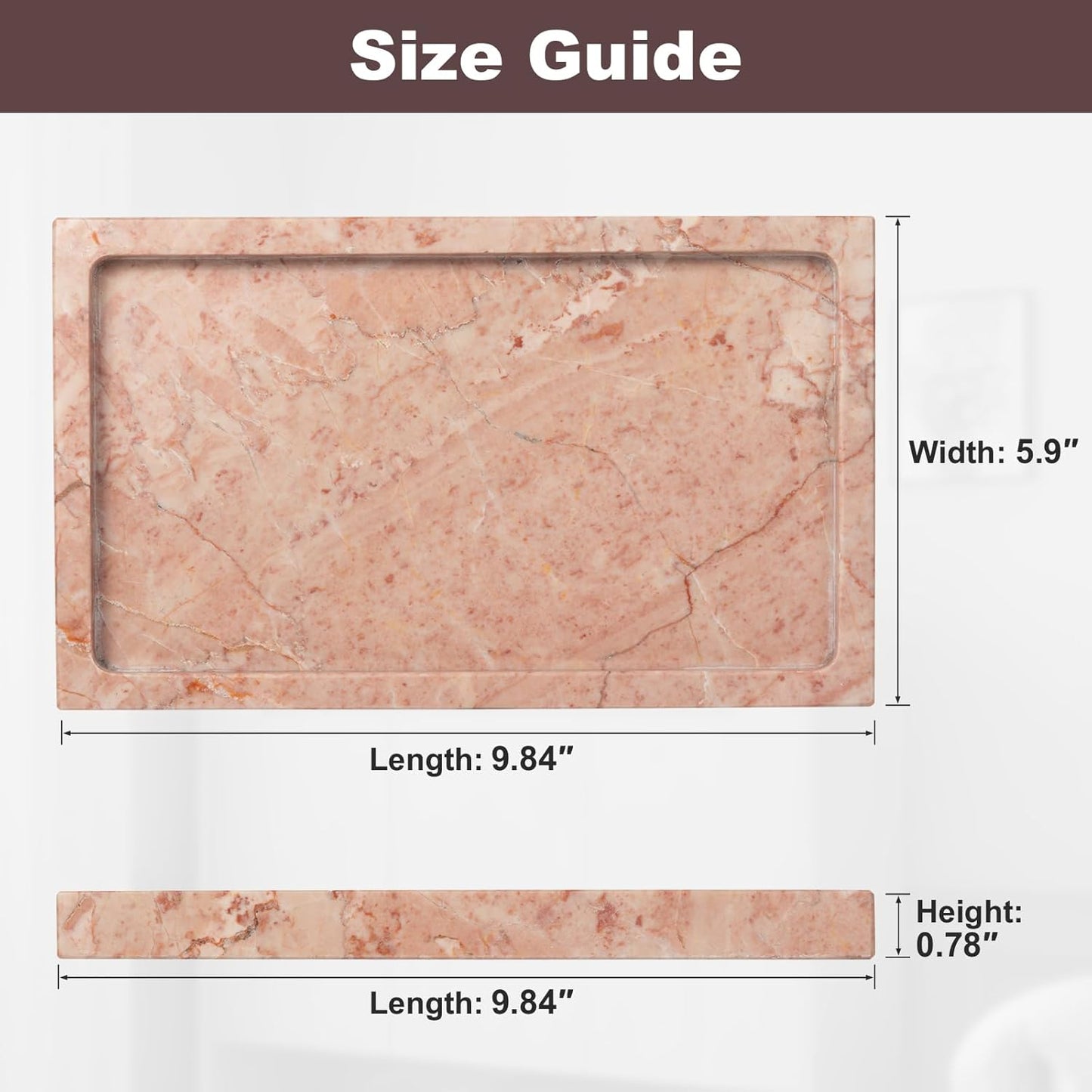 Natural Marble Rectangular Tray 10x6 Inch - Cream Rose Vanity Organizer for Bathroom, Coffee Table & Kitchen - Weighted Base