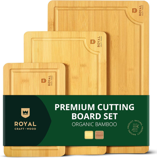 ROYAL CRAFT WOOD Wooden Cutting Boards for Kitchen Meal Prep & Serving - Bamboo Wood Serving Board Set with Deep Juice Groove Side Handles - Charcuterie & Chopping Butcher Block for Meat