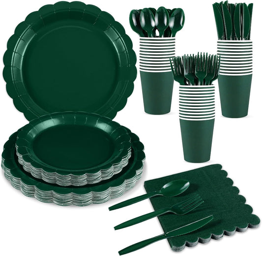 Dark Green Plates and Napkins, 25 Guest Green Party Supplies Include Christmas Plates Napkins Cups Plastic Spoons Forks Knives for Thanksgiving, Christmas, Birthday
