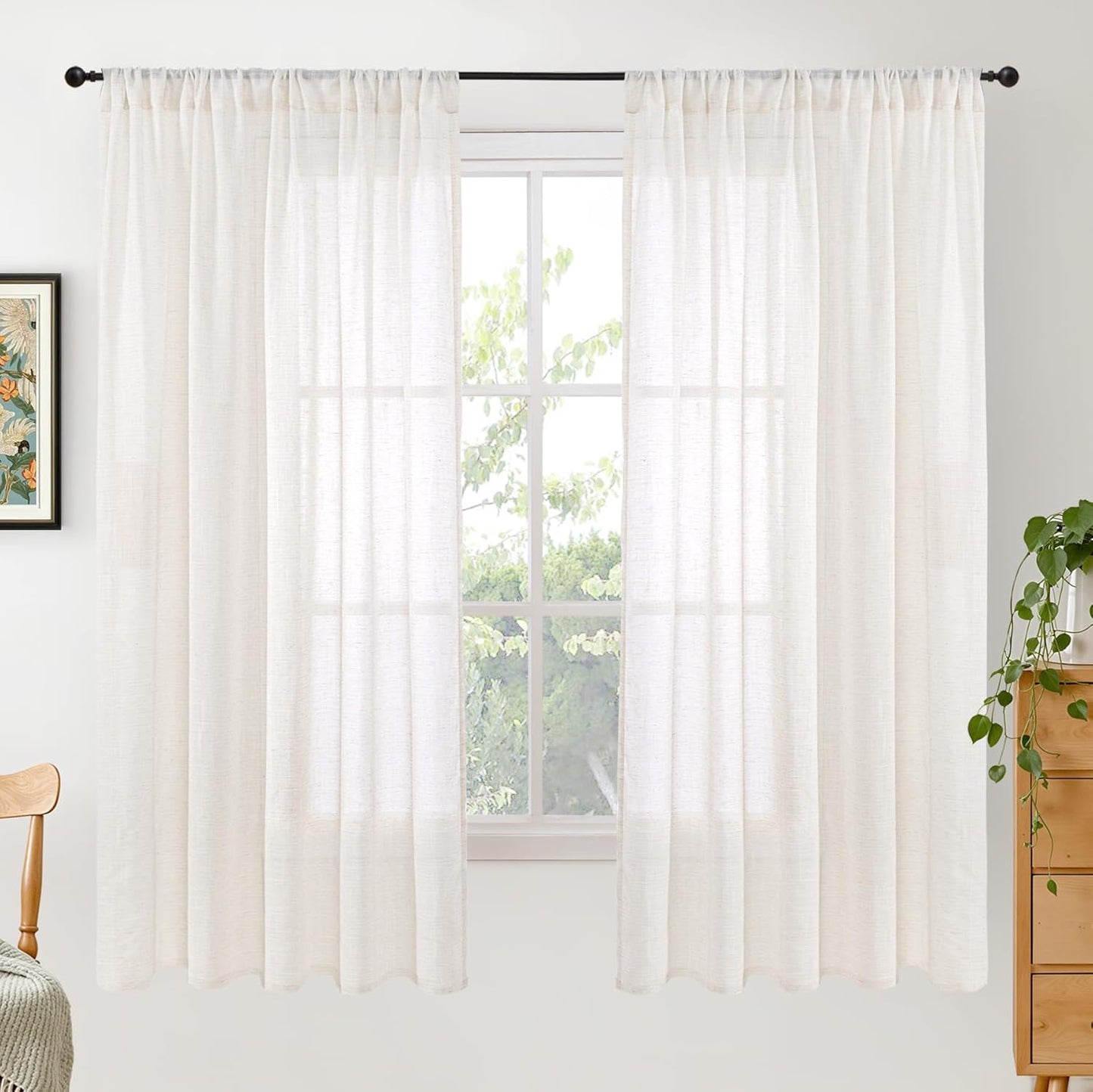 BGment Linen Semi Sheer Curtains 63 Inch Length for Living Room - Ivory Textured Light Filtering Window Drapes with Rod Pocket Lightweight Rustic for Farmhouse Bedroom, 2 Panels Set, 52 X 63 Inch