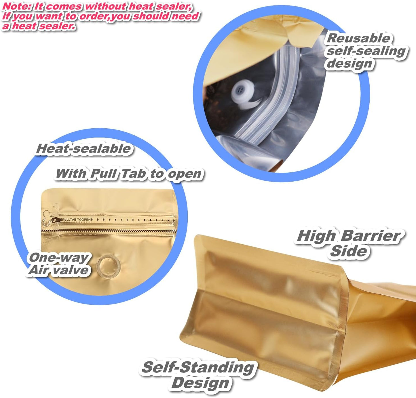 150 Pack High Barrier Stand-Up Coffee Bean Bags with Vented Valve, Matte Metallic, Heat-Sealable and Resealable Solid Color Pouches for Food Storage (6 * 12.8 inch,2 lb,32 oz,Golden)