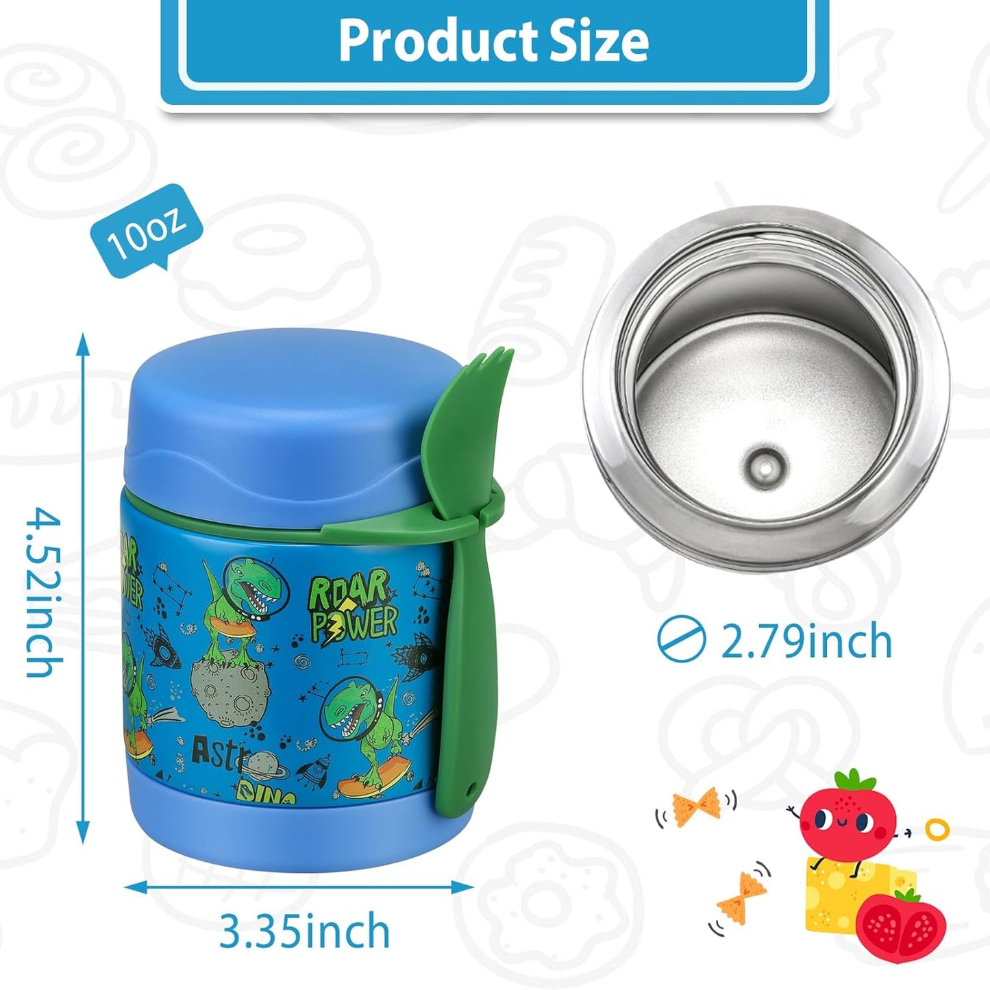 10oz Soup Thermo for Hot Food Kids,Lunch Thermo Kids Food Jar with Spoon Hot Insulated Food Containers,Leak Proof Stainless Steel Wide Mouth Lunch Food Thermo Jar for School(Blue-Dinosaur)