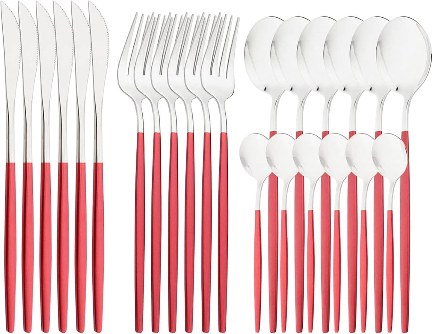 Mirror Cutlery Serving Set, 24-piece 18/0 Stainless Steel Silverware With Red Handle Simple & Modern Tableware For Home Party Restaurant Christmas Dinner, Service For 6 (Red Silver)